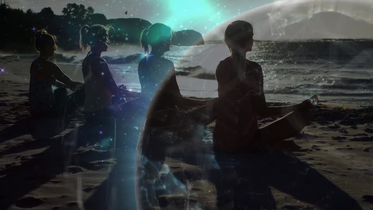 해가 지는 해변에서 요가를 연습하는 다양한 여성들에 대한 연결의 애니메이션