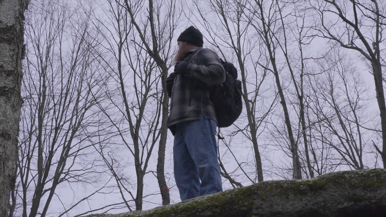 검은색 배을 들고 있는 플라넬 셔츠를 입은 남자가 바위 꼭대기에 서서 회색 겨울의 날 배경에 비옥한 나무가 있는 숲을 바라보고 있다.