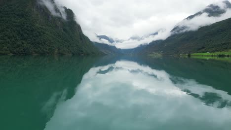 Blue-Turquoise-Oldevatnet-Lake-in-Loen,-Vestland,-Norway---Aerial