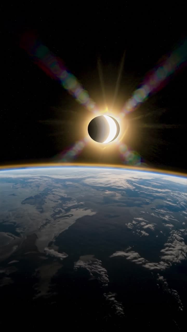 A stunning video still of a solar eclipse viewed from space, captured from a low-angle perspective