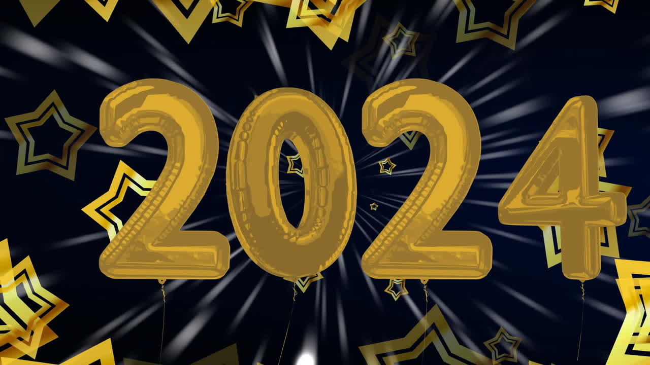 animación de texto de 2024 sobre estrellas y rastros de luz en fondo negro.