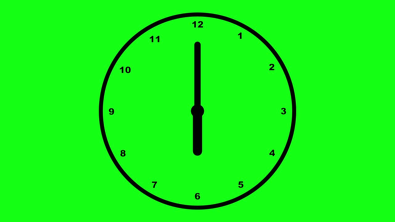 reloj con flechas en movimiento en fondo verde. animación de reloj en animación de bucle de 12 horas