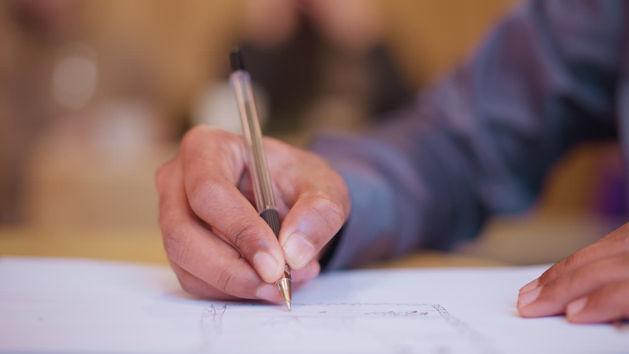 Close-up hand holding pen writing on paper, focus on fingers and ink tip, adult person taking notes or filling document, blurred background, educational or professional context, concentration scene