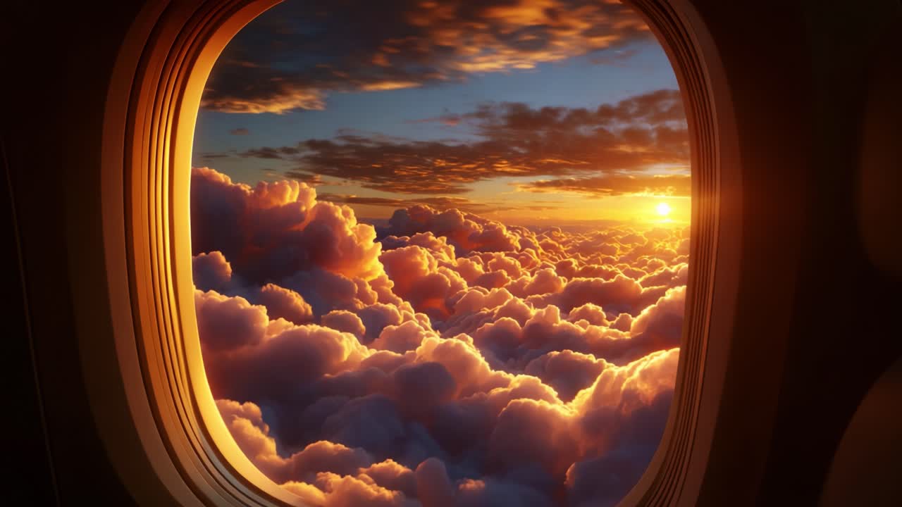 Stunning Sunset View from an Airplane Window Surrounded by Fluffy Clouds, Capturing the Splendor of Nature as the Sun Sets Beyond the Horizon, Creating a Breathtaking Atmospheric Experience Above the Clouds