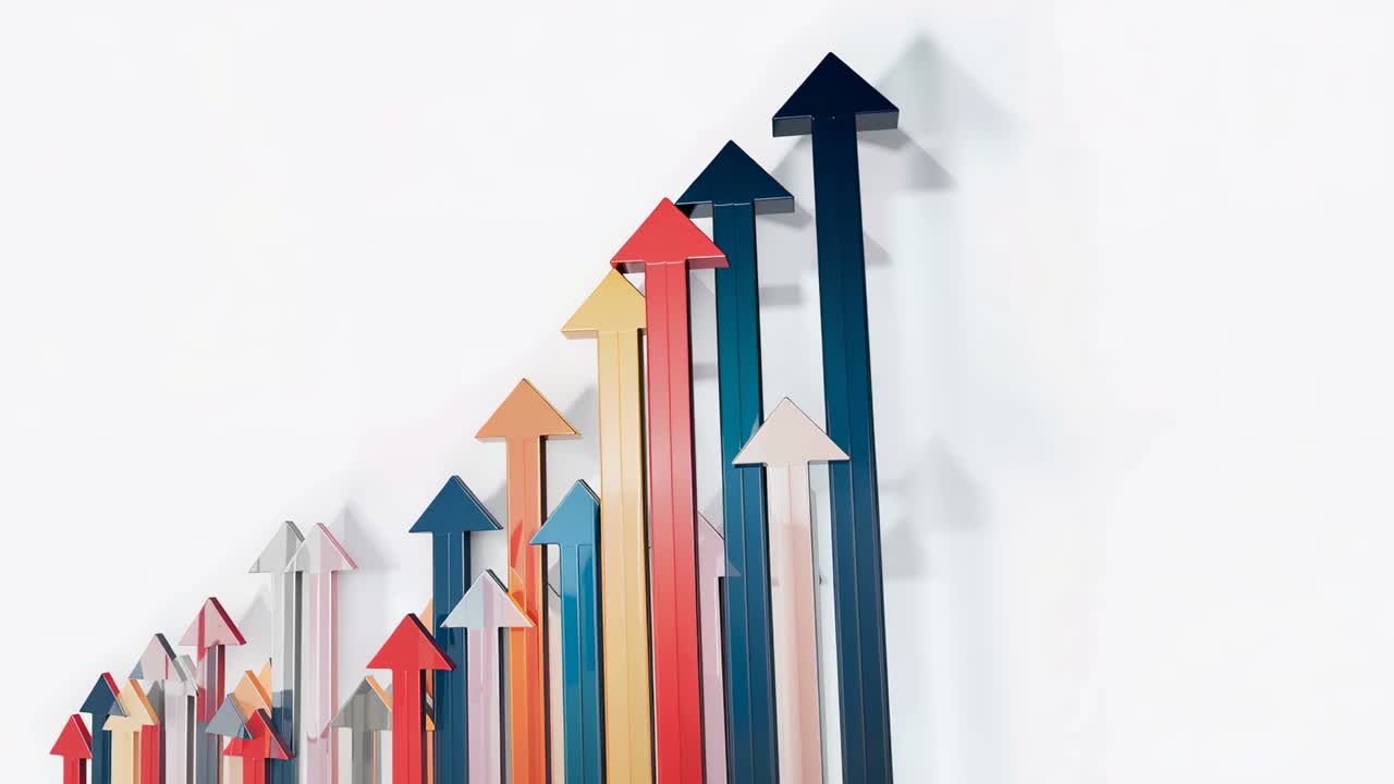 Zooming camera showing grouped colorful upward arrows on white wall, revealing full sequence