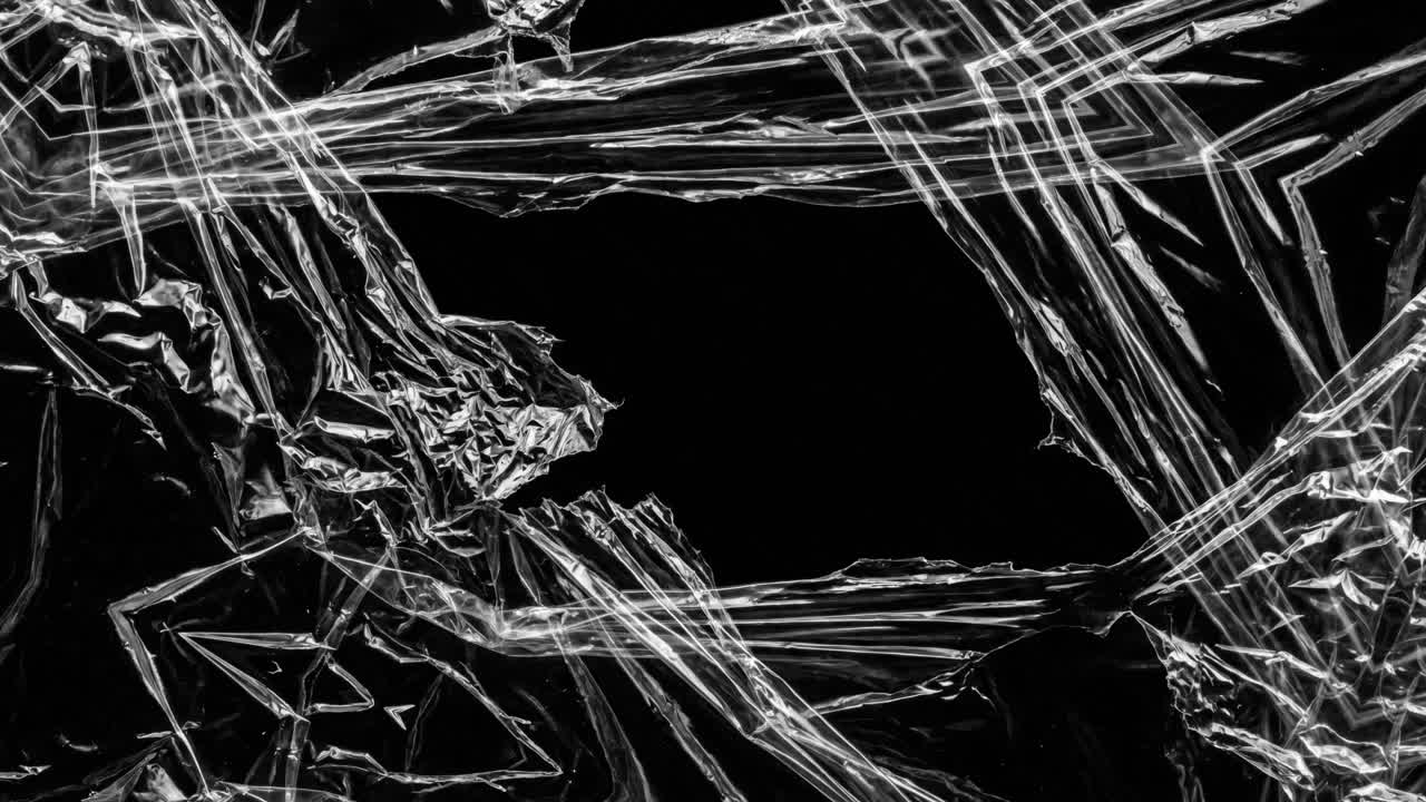 Pellicola di plastica trasparente accartocciata in movimento su sfondo nero
