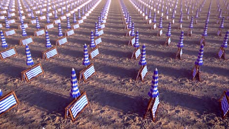 a lot of closed sun umbrellas and deck chairs at the empty beach in the end of the summer, looping 3d animation