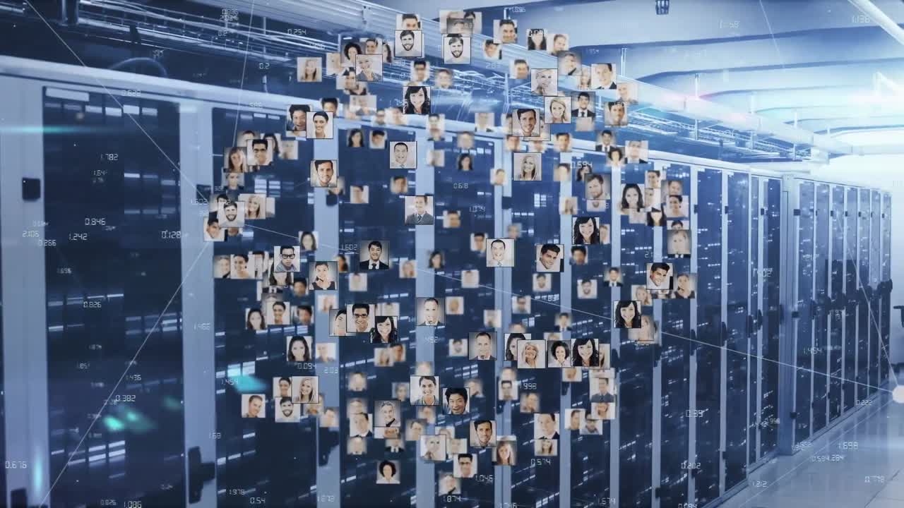 animación de iconos de personas y puntos de luz sobre la sala del servidor