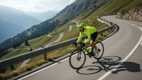 Cyclist rides a road bike on a scenic mountain pass