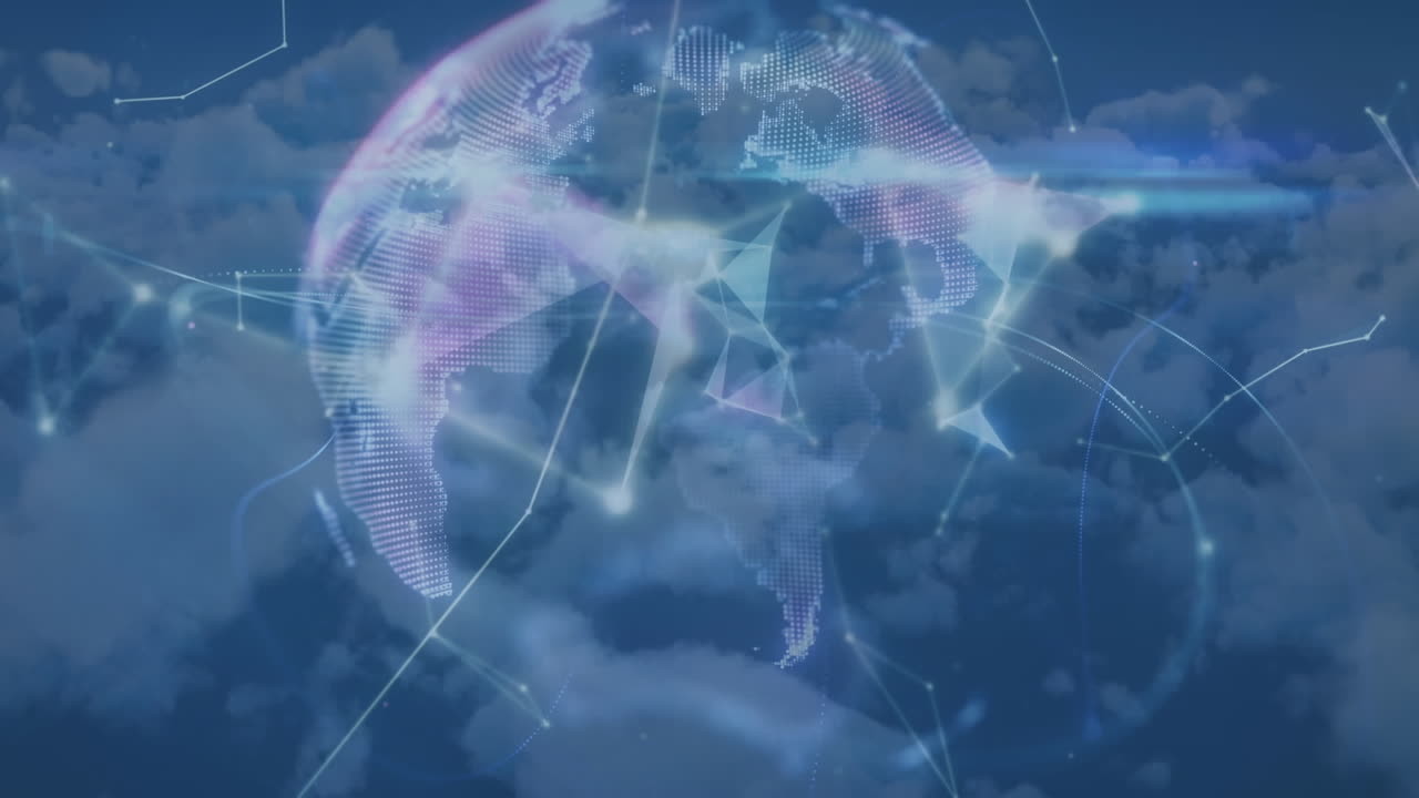 배경에 구름 위의 지구와 연결 네트워크의 애니메이션