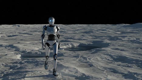 a humanoid robot explores the desolate lunar landscape, showcasing its advanced design and technology against the vast, starry backdrop of outer space