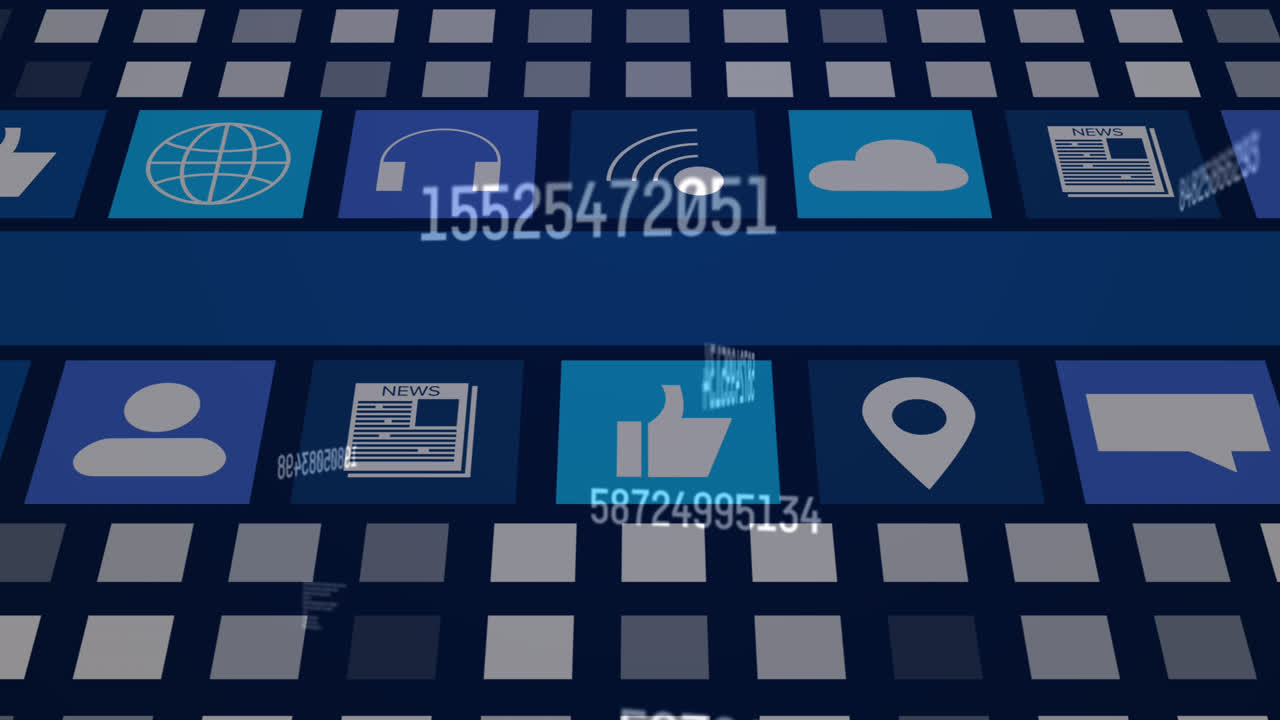 animación de iconos de medios sobre un fondo azul