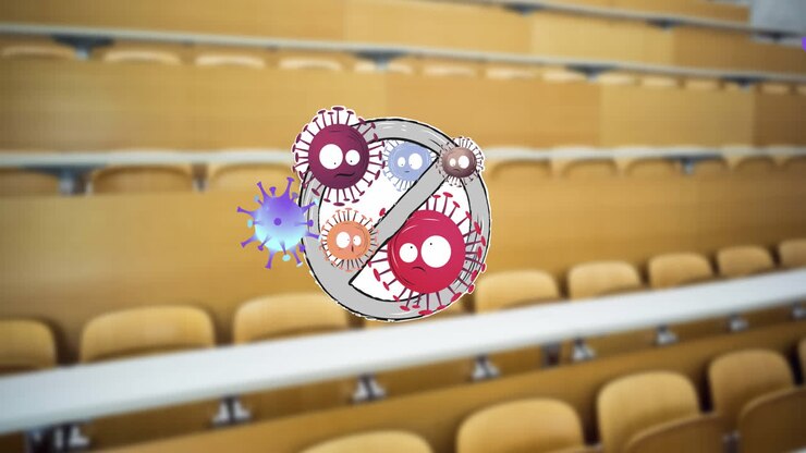 Animation of angry covid viruses bouncing against no entry sign over school lecture room