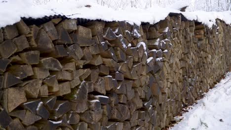 Walking-alongside-huge-pile-of-snow-covered-firewood-in-a-forest-during-winter-in-Bavaria,-Germany