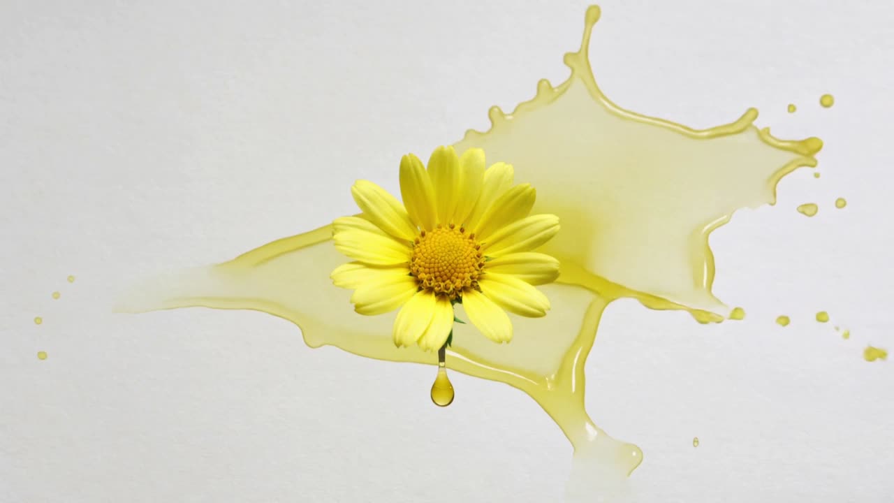 Una gota goteando hace que una margarita amarilla exude líquido sobre papel blanco texturizado, formando una mancha.
