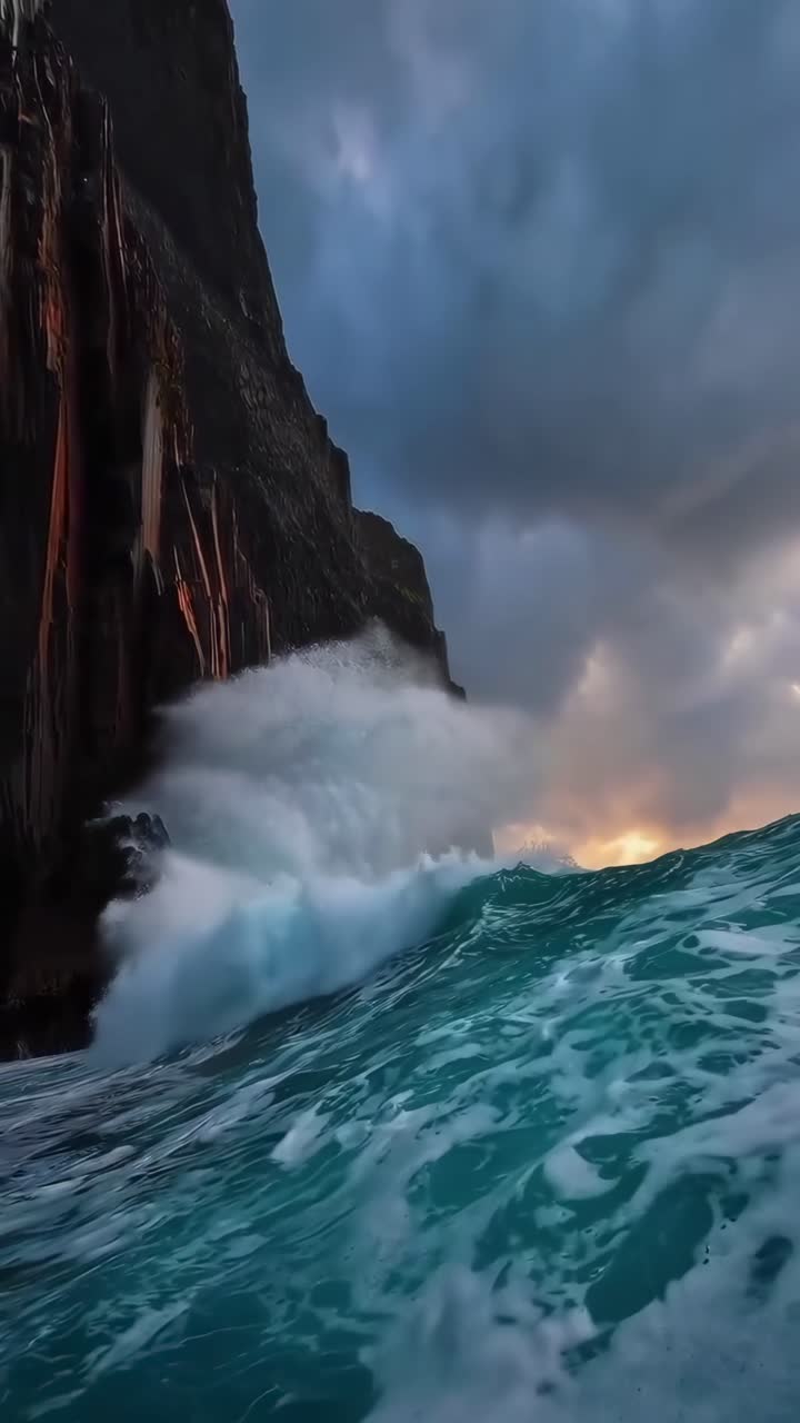 Dramatic seascape video with waves crashing against cliffs, captured from a low angle