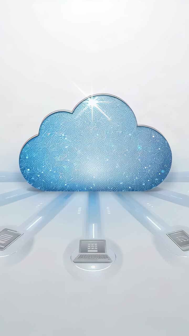 Vertical video: Shimmering blue cloud initiating data beams to three terminals on glossy floor