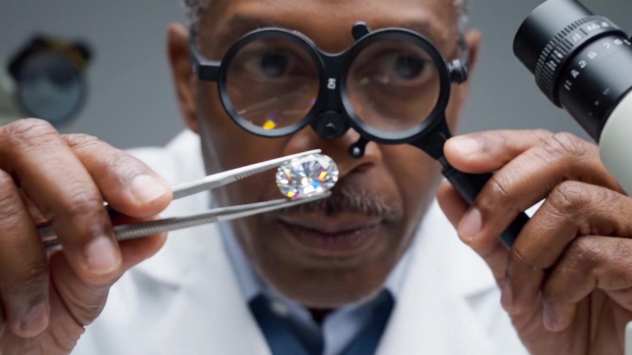 Expert Gemologist Examining a Brilliant Diamond Under Precision Lighting with Magnification Tools for Professional Evaluation and Quality Assessment