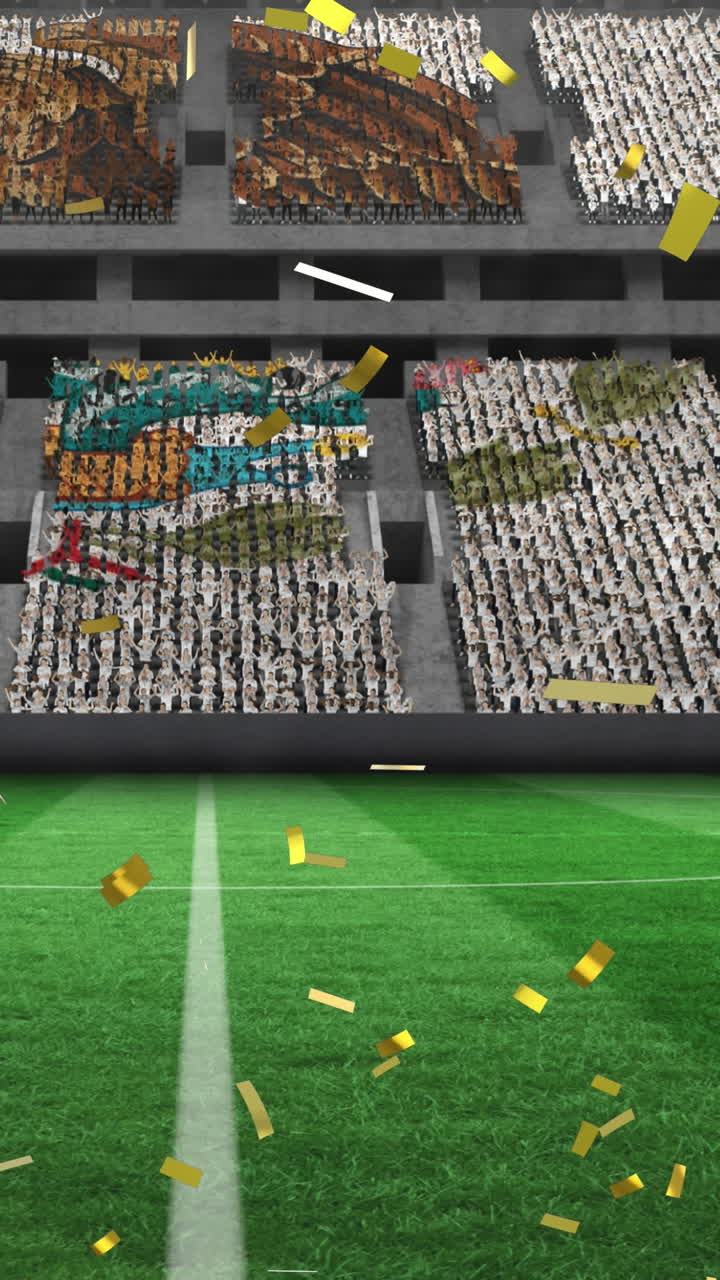 animación de confeti de oro cayendo sobre la bandera de méxico en un estadio deportivo