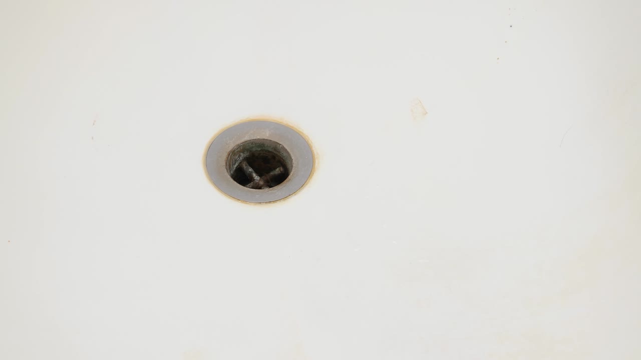 Clogged dirty bathtub drain sinkhole. Slider and panning shot, top view, real time, no people