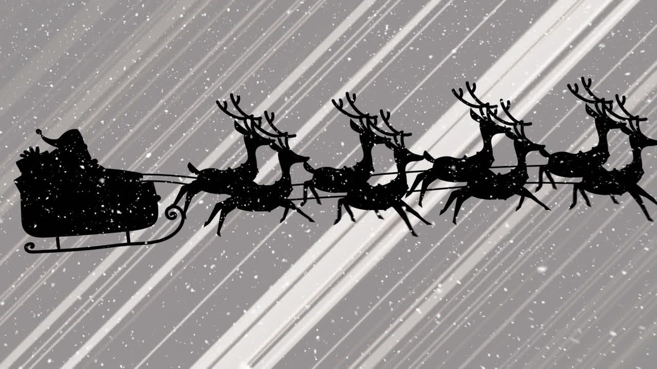 Digital animation of snow falling over silhouette of santa claus in sleigh being pulled by reindeers