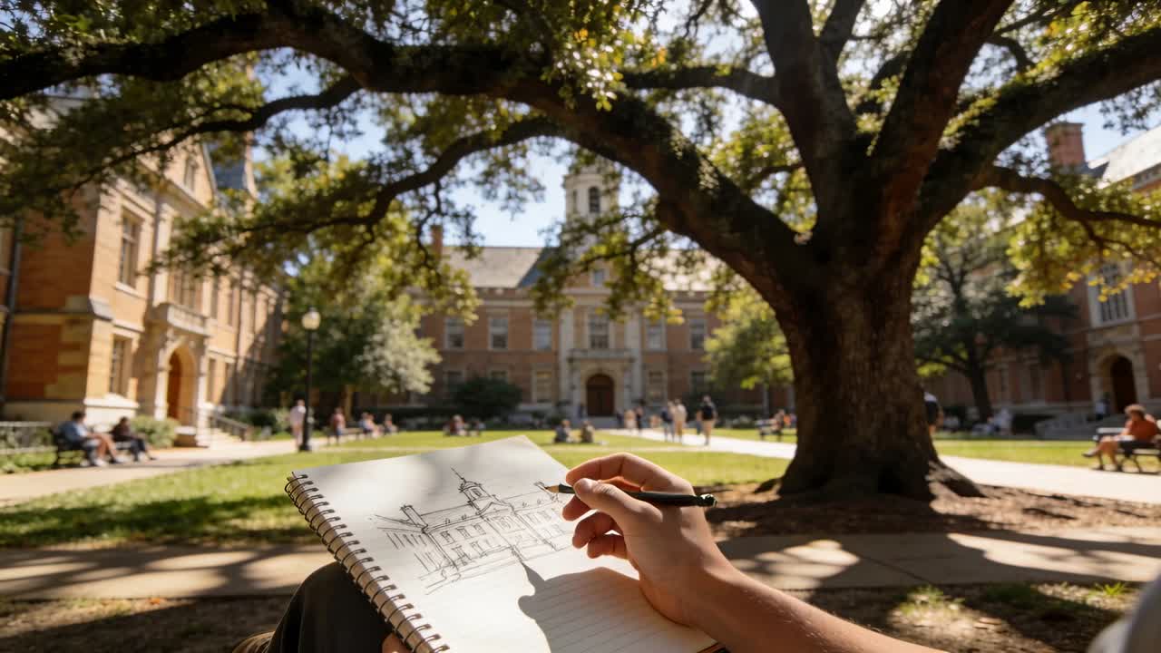 Studente seduto che disegna un edificio del campus, controllando le proporzioni con matita e quaderno da disegno.