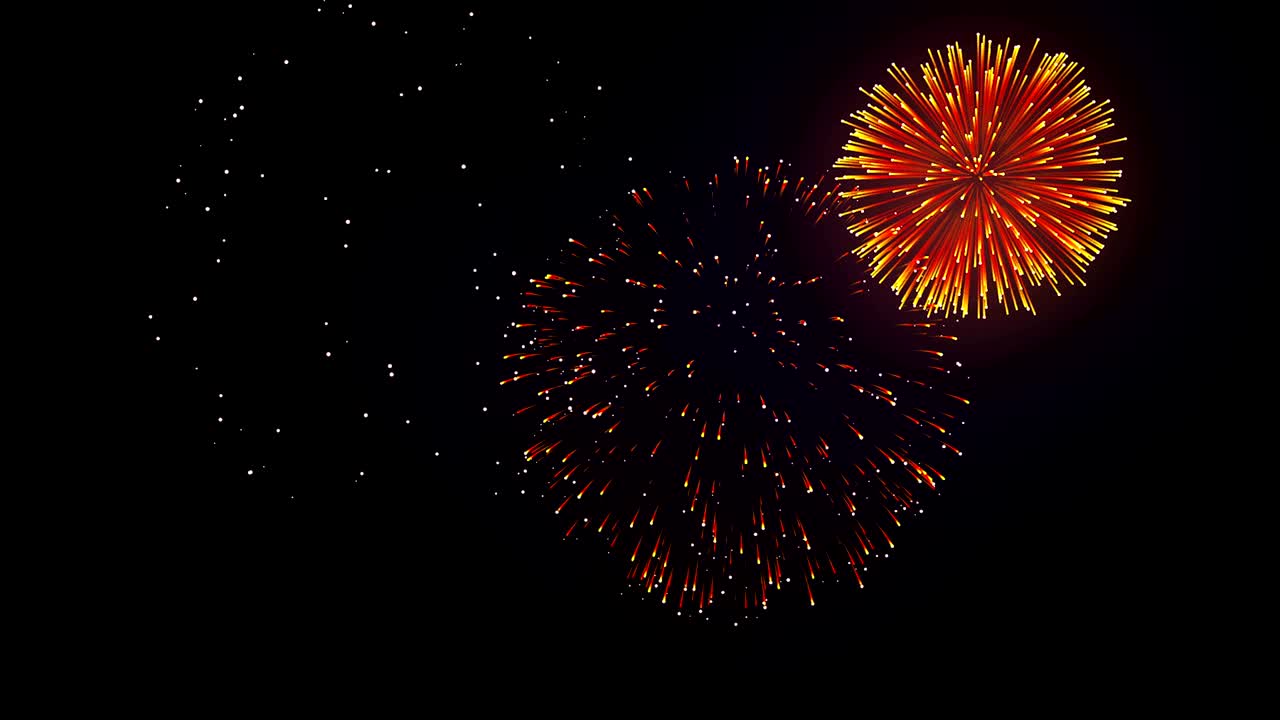 Colorful Fireworks Display on the Black Screen Background. Powerful Explosion of Pyrotechnics.