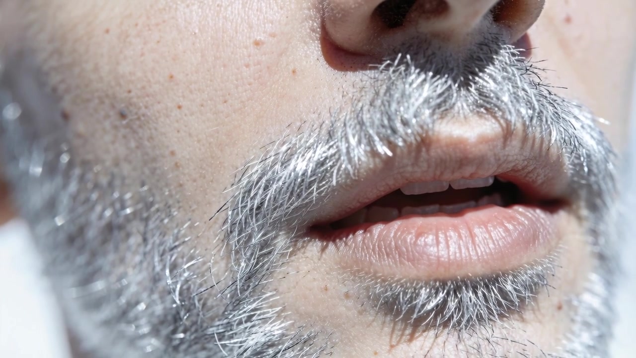 Pria yang sedang menghirup napas, mengangkat bibir atas dan membuka mulut dalam jarak dekat, dengan kumis dan janggut terlihat.