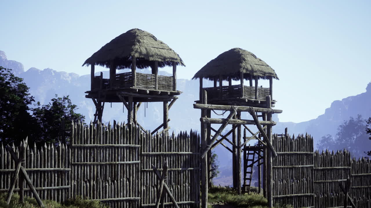 나무 로 만든 감시탑 들 이 경치 좋은 산 의 배경 에 맞춰 높이 서 있다