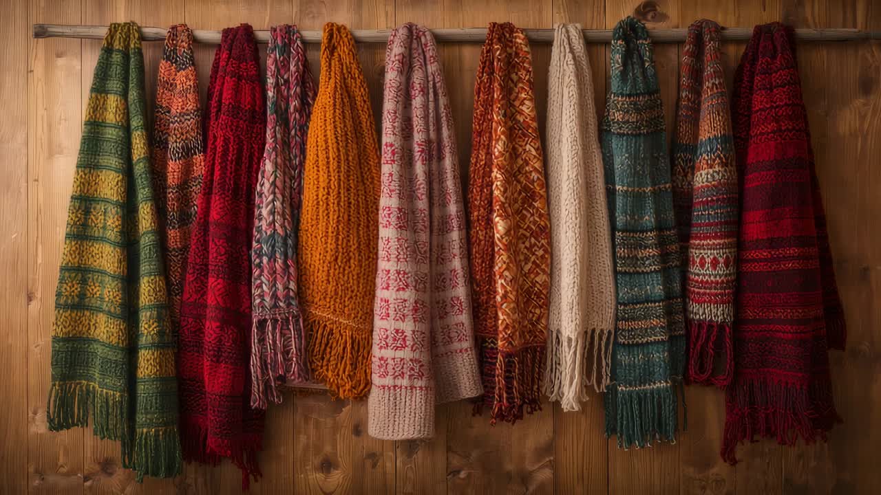 Sliding mechanism moving rod along wood-paneled wall, revealing knitted scarves in autumnal hues