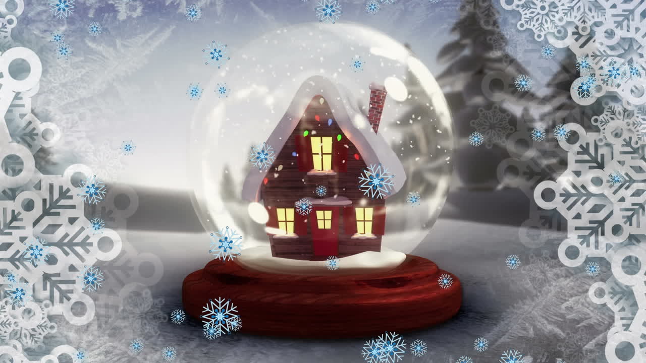 겨울 풍경에서 유리 공 위에 떨어지는 눈의 애니메이션