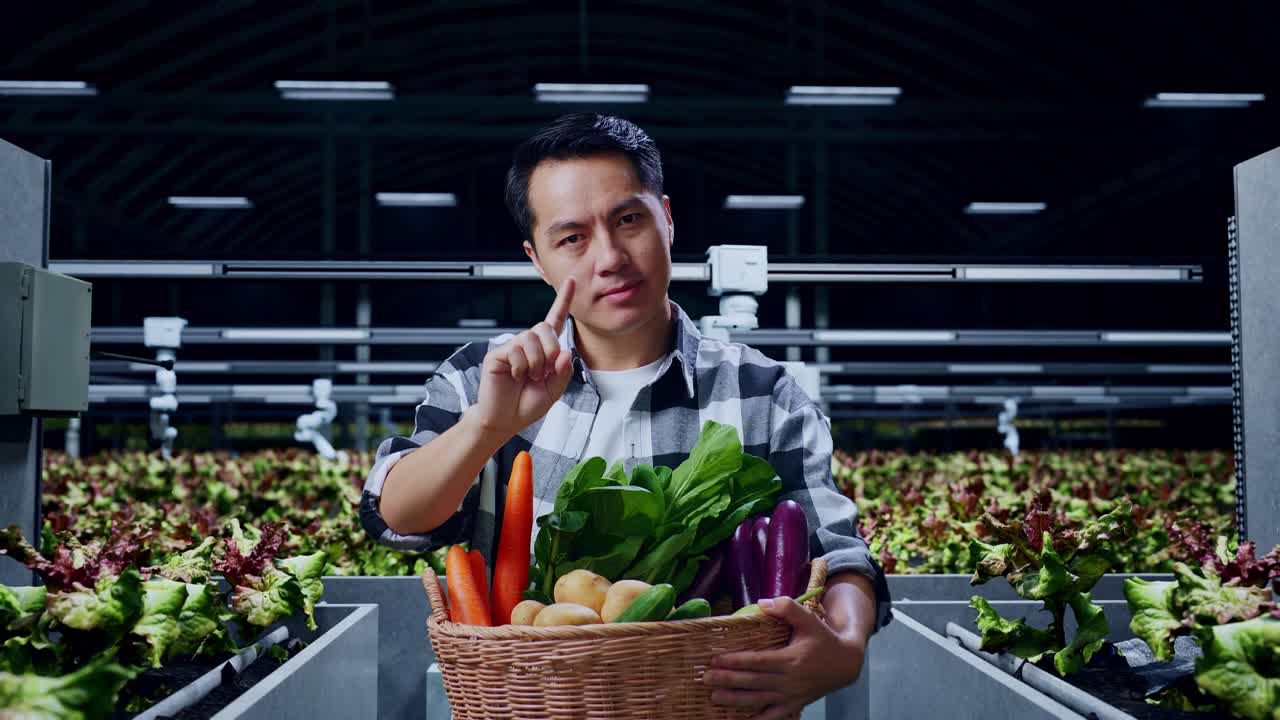 식물 바구니 를 들고 있는 아시아 남성 농부 는 스마트워치  에 서 있는 한 손 의 몸짓 을 보여 준다