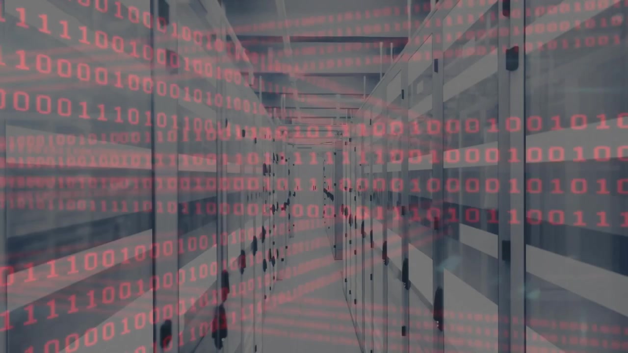 At 2s red overlay appearing over racks scrolling intensifying, pulsing fading visualizing data flow