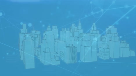 animation of network of connections with spots over 3d cityscape on blue background