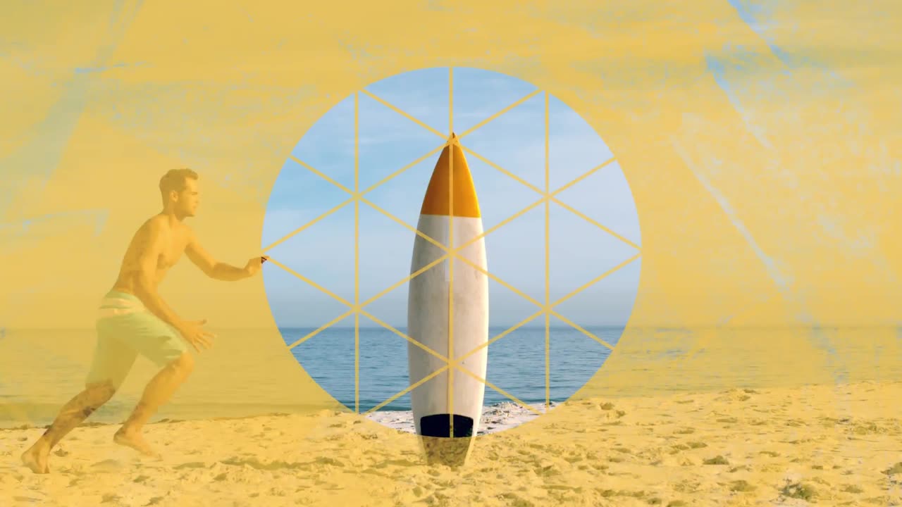 hombre corriendo en la playa a través del primer plano de forma circular amarilla