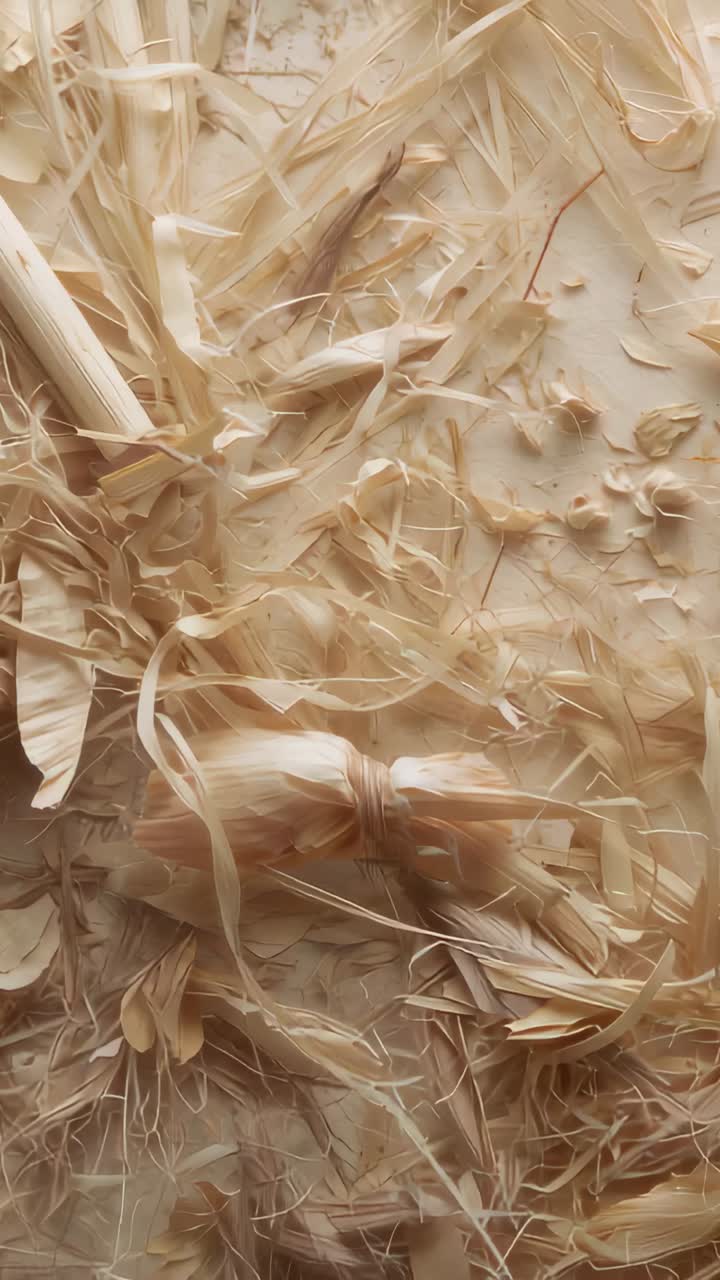 Vertical video: Panning camera over tied corn husk bundle on worktable, revealing shredded husks