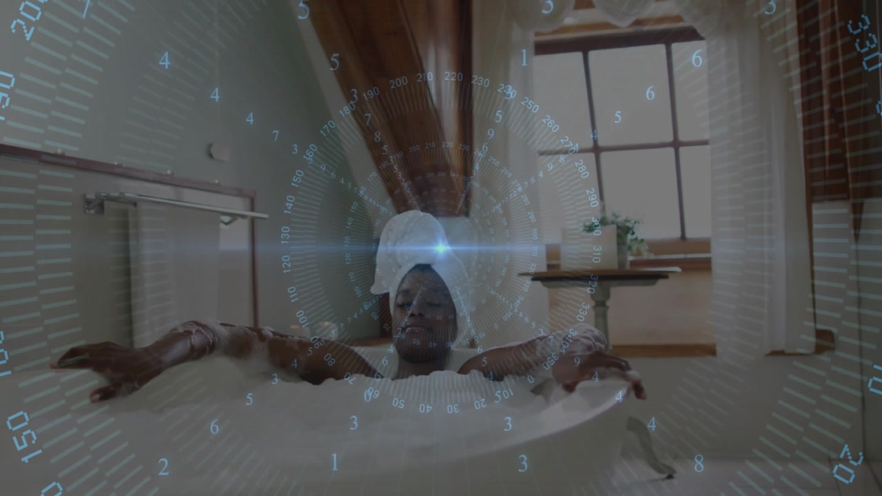 Woman reclining in tub with rotating translucent interface sweeping light across face for wellness