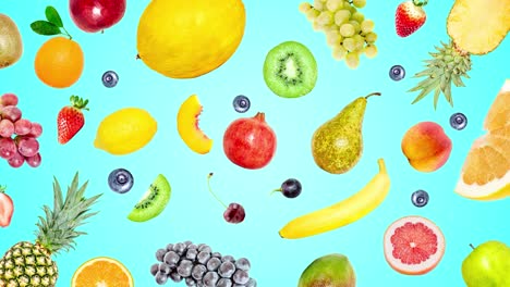 animación de video stop motion creativa de muchos frutos exóticos tropicales brillantes diferentes que aparecen rápidamente en un fondo azul de verano y desaparecen. vista desde arriba. bucle sin costuras.