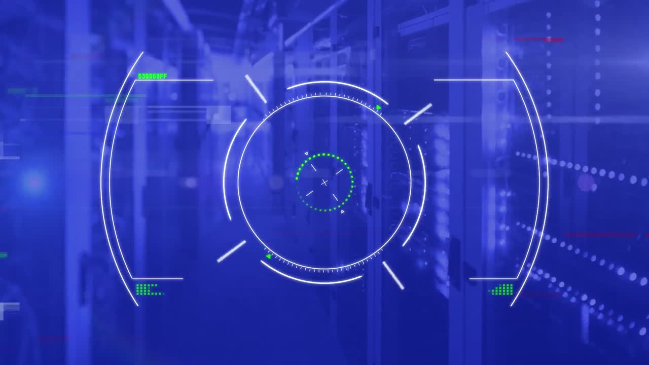 animación del procesamiento de datos y el escaneo del alcance a través de servidores informáticos