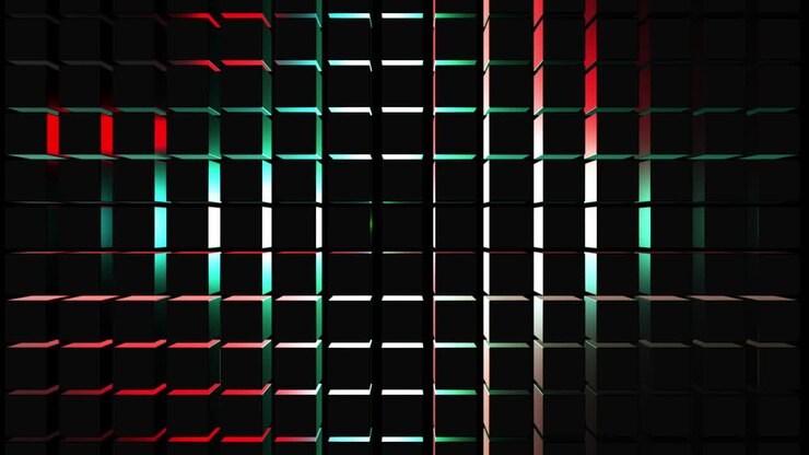 Abstrakte 3D-kuber med RGB-lys, der bevæger sig over en overflade med modlys. Baggrund med bevægelsesgrafik 4K.