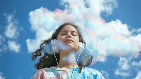 teenage girl listening to music under a sunny sky