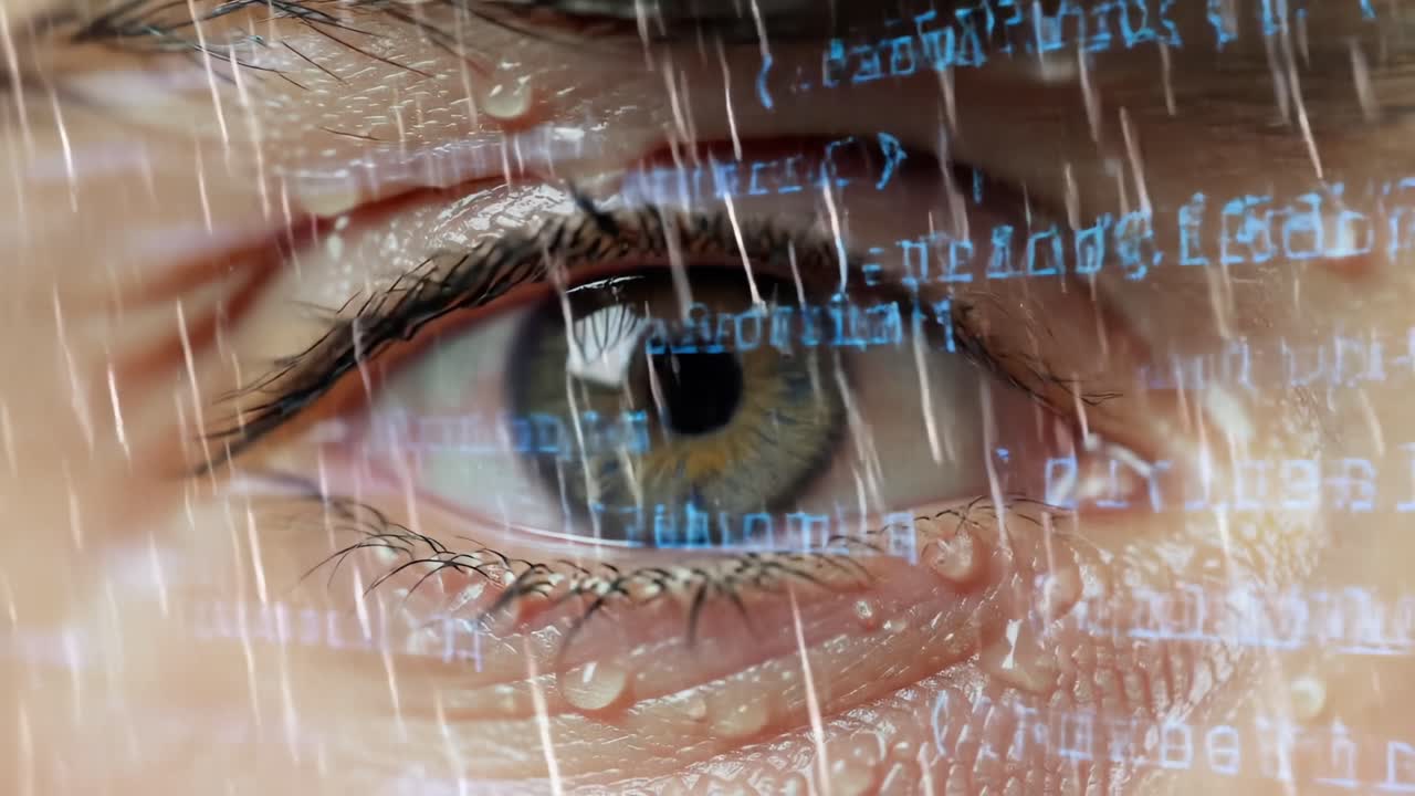 A Close-Up of an Eye with Dripping Rain and Streaming Code: Exploring the Intersection of Nature and Technology in a Distinctive Visual Representation