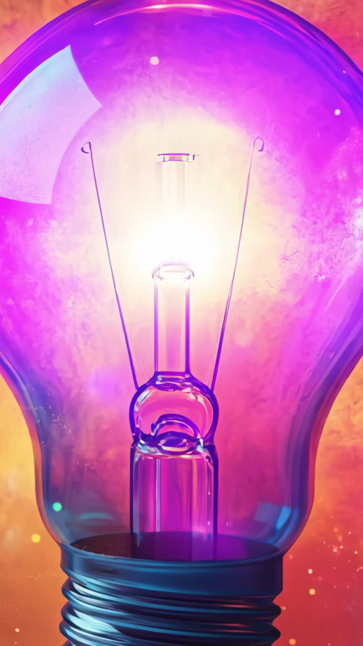 A light bulb is lit up in a colorful background. The light bulb is the main focus of the image, and the colors of the background create a vibrant and energetic mood