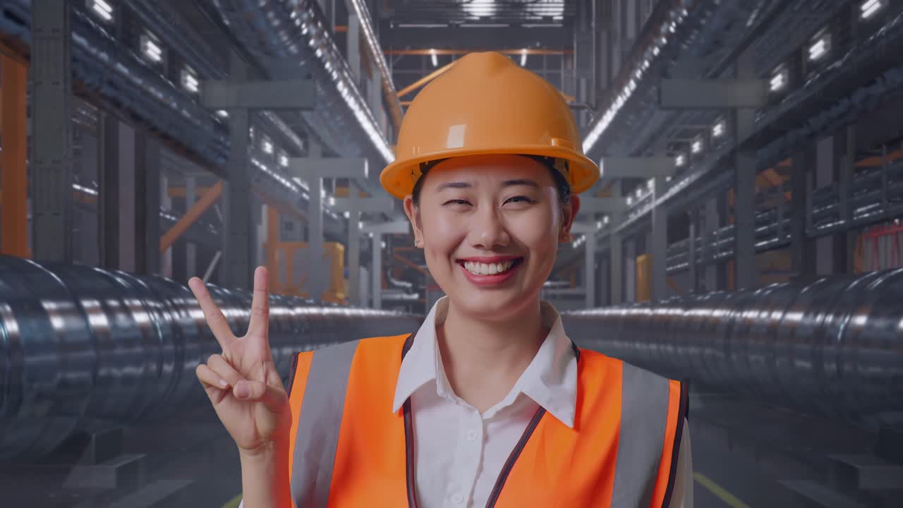 Close Up Of Asian Female Engineer With Safety Helmet Smiling And Showing Peace Gesture While Standing With Metal Pipes