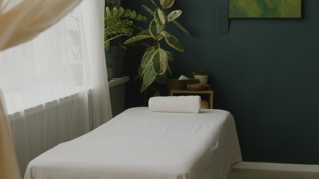 Spa interior with massage table and plants