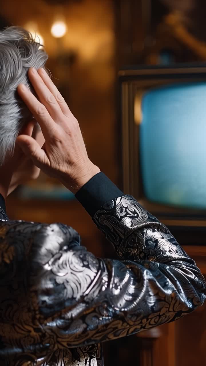 Una figura contemplativa in una giacca elegante fissa intensamente uno vecchio schermo televisivo che mostra statico, evocando nostalgia e un legame con il passato