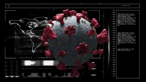 digital animation of covid-19 cell over digital interface with data processing on black background