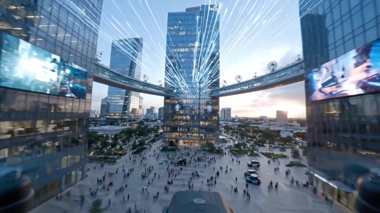 Paisagem Urbana Dinâmica ao Anoitecer: Uma Vista em Alta Definição das Luzes da Cidade, Raios e Energia Tecnológica Pulsando Pelo Horizonte