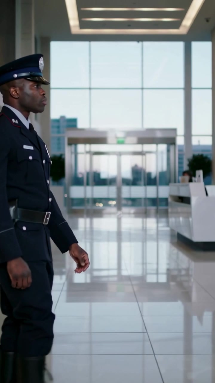 Vertical video: Entering frame, uniformed officer walking in lobby checking reception, copy space