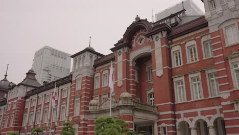 Old-Traditional-Tokyo-Train-Station-Building,-Cloudy-Weather-in-Japan